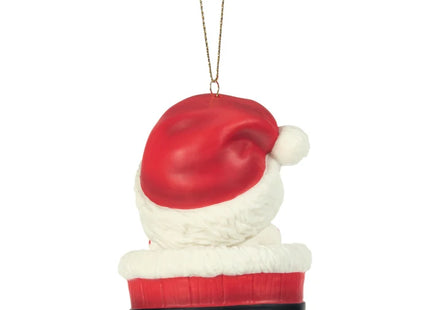 Precious Moments Baby's 1st Christmas ornament featuring a baby wearing a Santa hat and nestled inside a festive red Santa-inspired basket.