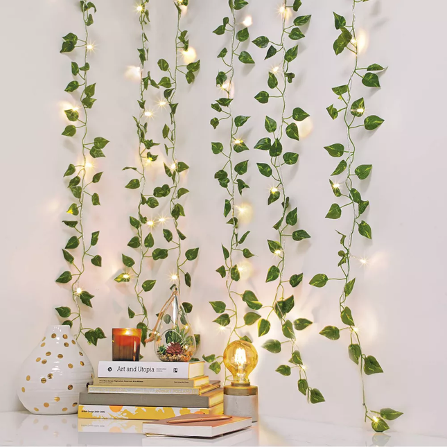 66LED Ivy Leaf Curtain String Lights 3ft x 5ft Battery Operated Warm White