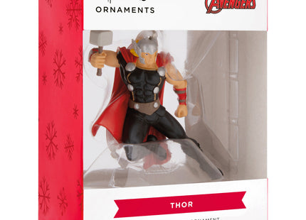 Personalized Thor Christmas ornament with hammer, red cape, custom name and year.