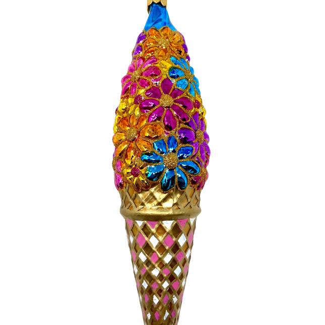 Pink Floral Ice Cream Cone Polish Glass Christmas Ornament designed by Kenzies of London and by Personalized Ornamentshop