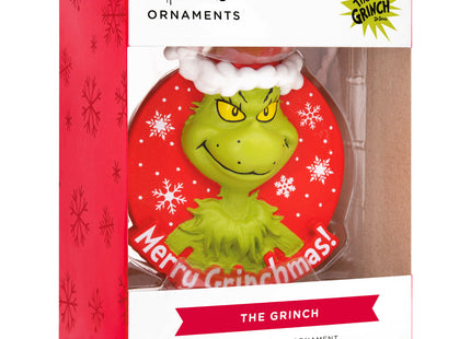 Personalized Merry Grinchmas Christmas ornament with the Grinch in a Santa hat, custom name and year.