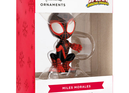 Personalized Miles Morales Spider-Man Christmas ornament in black and red suit with custom year.