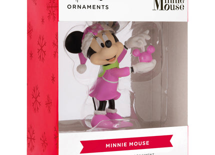 Personalized Minnie Mouse Christmas ornament wearing a pink Santa outfit and holding a pink Mickey ornament with custom year.