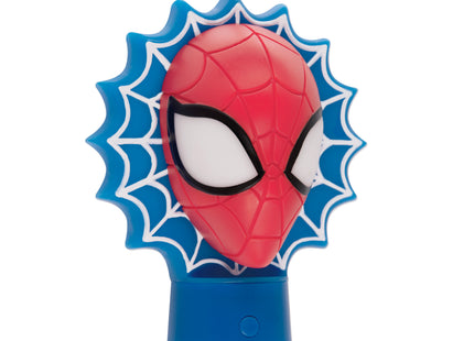 Spider-Man light-up Christmas ornament with red mask, blue spiderweb design and black spider emblem