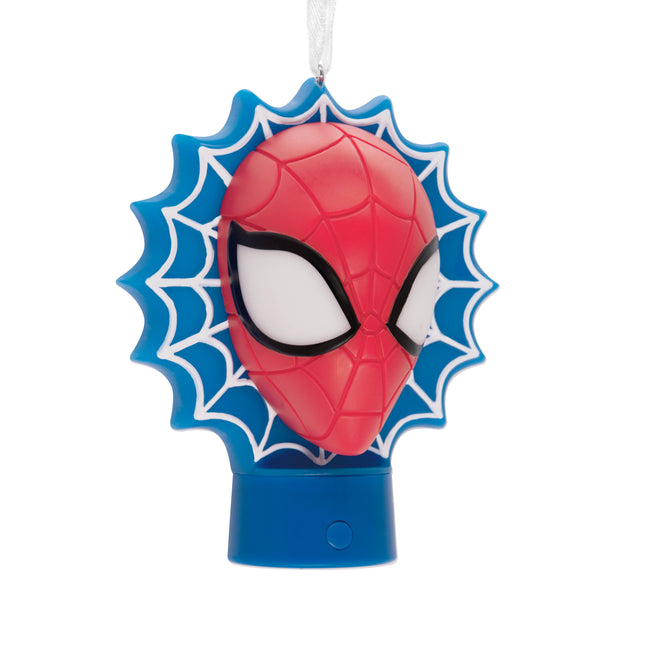 Spider-Man light-up Christmas ornament with red mask, blue spiderweb design and black spider emblem