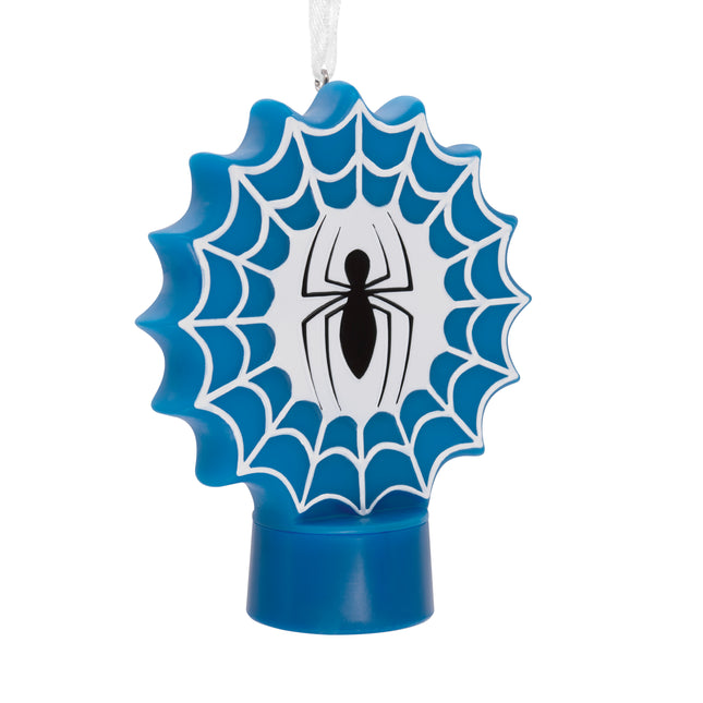 Spider-Man light-up Christmas ornament with red mask, blue spiderweb design and black spider emblem