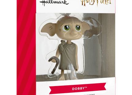 Personalized Harry Potter Dobby the House-Elf Christmas ornament with large green eyes, oversized ears, brown tunic and sock, shown front and back with Kayla and year personalization.