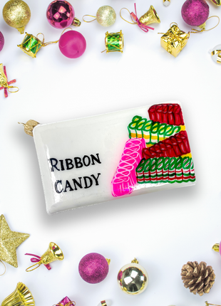 Ribbon Candy Box Holiday Polish Glass Christmas Ornament designed by Kenzies of London and by Personalized Ornamentshop