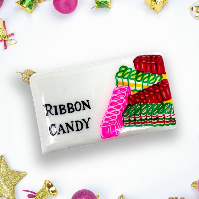 Ribbon Candy Box Holiday Polish Glass Christmas Ornament designed by Kenzies of London and by Personalized Ornamentshop
