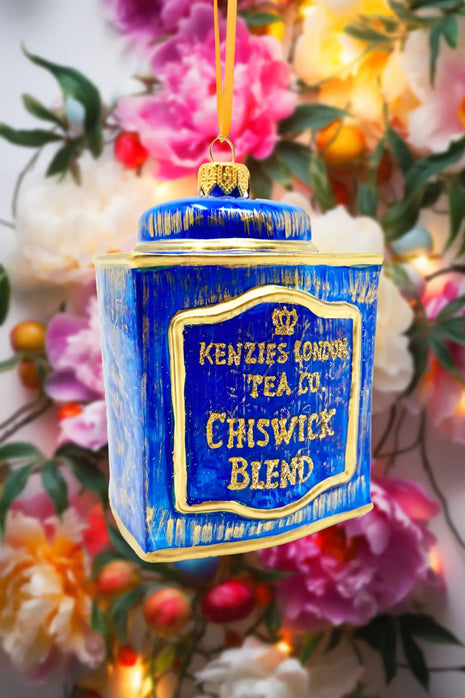 Chiswick Tea Tin Holiday Polish Glass Christmas Ornament designed by Kenzies of London and by Personalized Ornamentshop