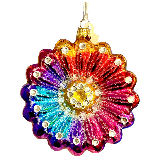 Rainbow Daisy Holiday Polish Glass Christmas Ornament designed by Kenzies of London and by Personalized Ornamentshop