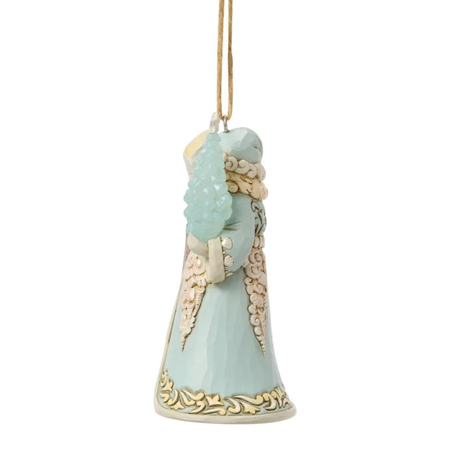 Woodland Santa Christmas ornament holding a blue Christmas tree and shepherd's staff