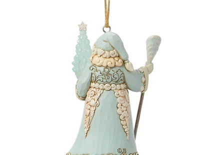 Woodland Santa Christmas ornament holding a blue Christmas tree and shepherd's staff