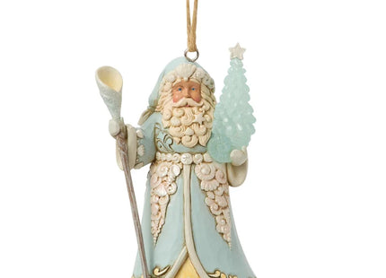 Woodland Santa Christmas ornament holding a blue Christmas tree and shepherd's staff