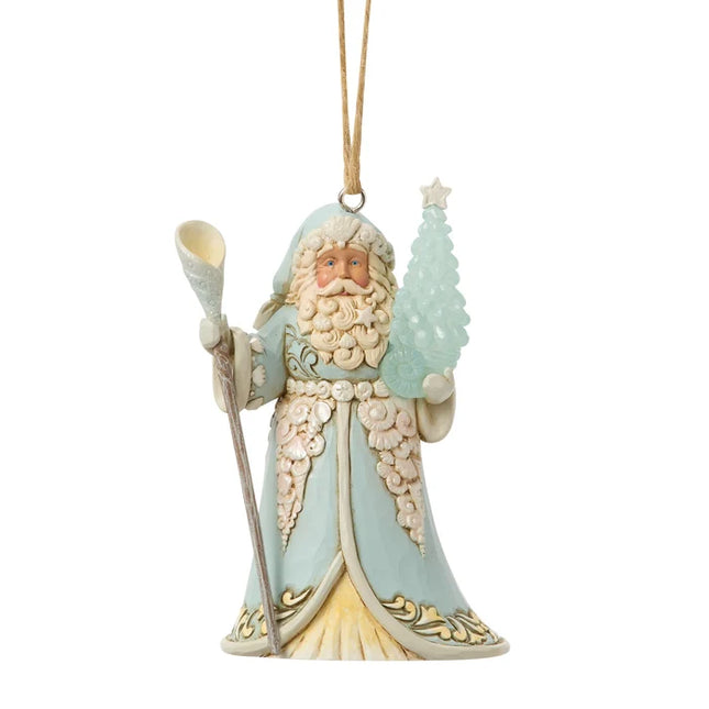 Woodland Santa Christmas ornament holding a blue Christmas tree and shepherd's staff