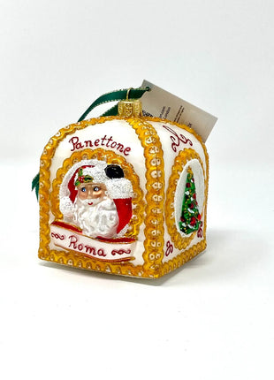 White Panettone Box Holiday Polish Glass Christmas Ornament designed by Kenzies of London and by Personalized Ornamentshop