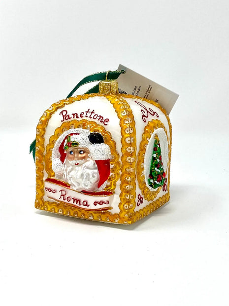 White Panettone Box Holiday Polish Glass Christmas Ornament designed by Kenzies of London and by Personalized Ornamentshop