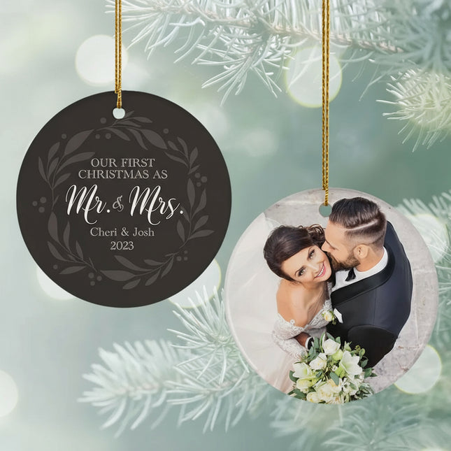 Our First as Mr and Mrs Wedding Personalized Ceramic Round Ornament