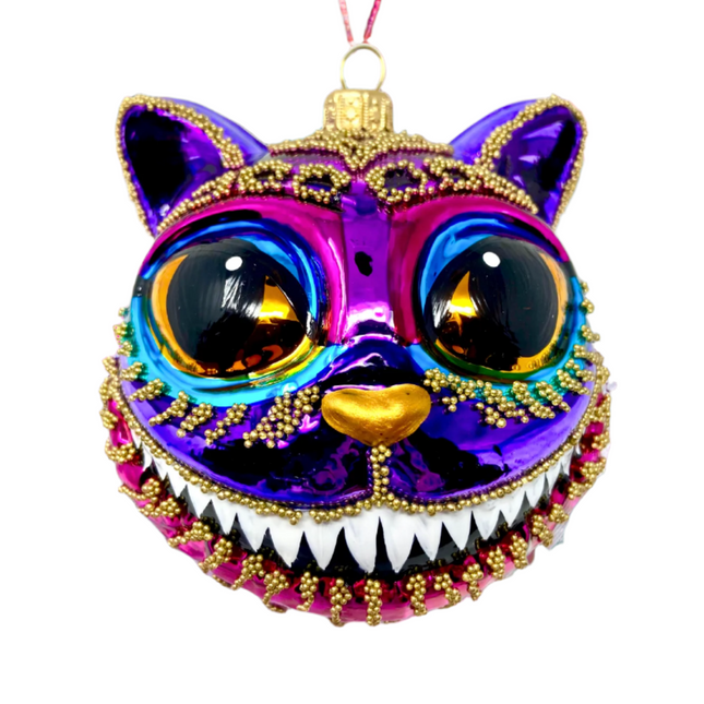Purple Cheshire Cat Holiday Polish Glass Christmas Ornament designed by Kenzies of London and by Personalized Ornamentshop