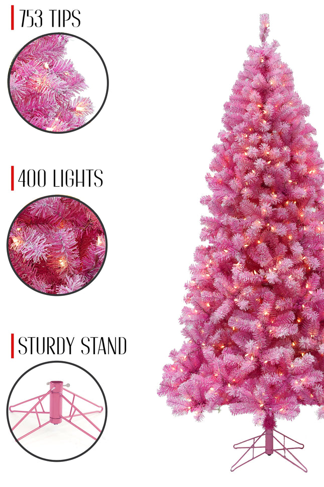 Prelit Pink Christmas Tree with Silver Tinsel Needles Warm White Lights