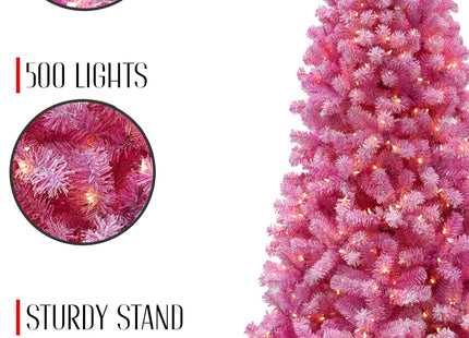 Prelit Pink Christmas Tree with Silver Tinsel Needles Warm White Lights
