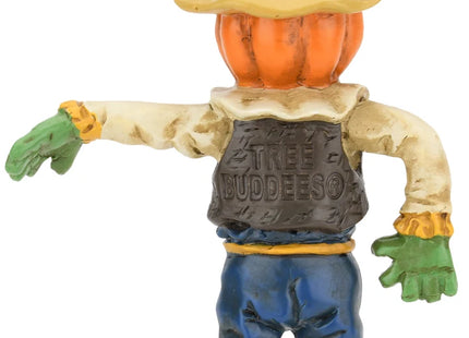 Pumpkin head scarecrow Halloween ornament featuring a jack-o'-lantern face, rustic hat, striped orange and purple tie, blue pants, and green gloves.