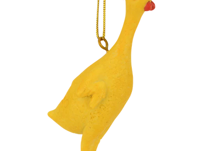 Funny yellow rubber chicken Christmas ornament with red and orange details and a gold hanging cord.