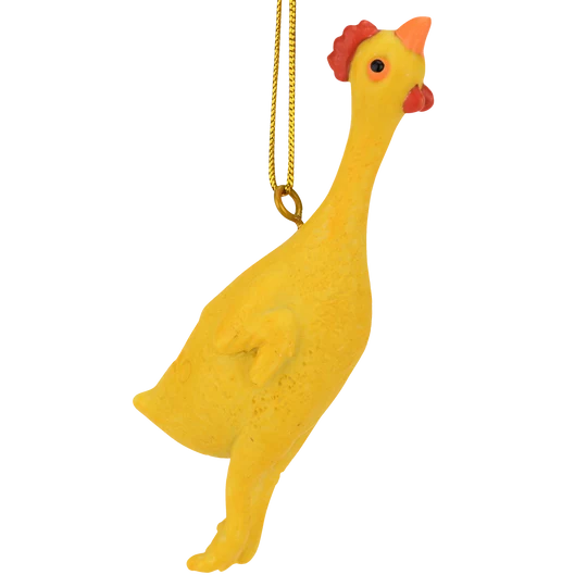 Funny yellow rubber chicken Christmas ornament with red and orange details and a gold hanging cord.