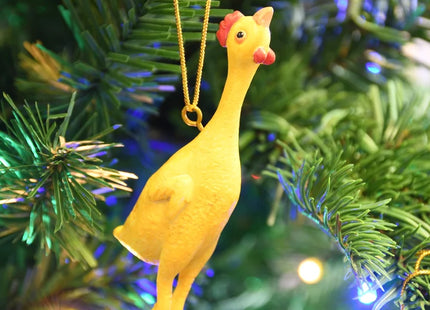 Funny yellow rubber chicken Christmas ornament with red and orange details and a gold hanging cord.