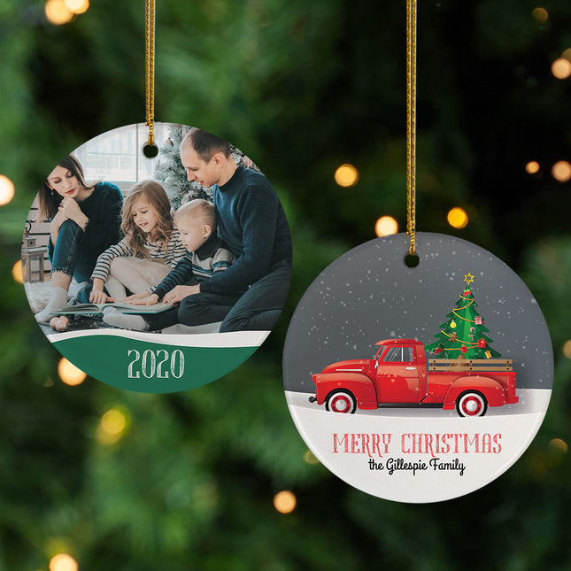 engraved personalized red truck family photo christmas ornament – Christmas ornament, holiday tree decoration or gift