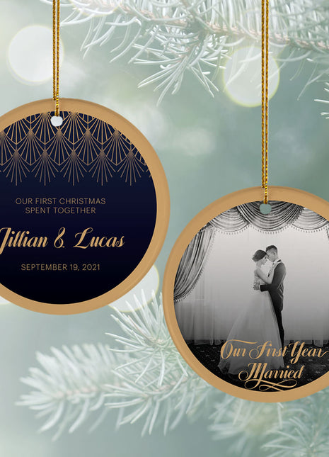 "Our First Christmas" Wedding Personalized Ceramic Round Photo Ornament - ORNAMENT EXCLUSIVE Personalized Ornament