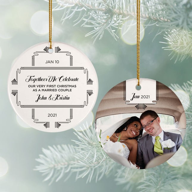 engraved personalized first married christmas wedding photo christmas ornament – Christmas ornament, holiday tree decoration 