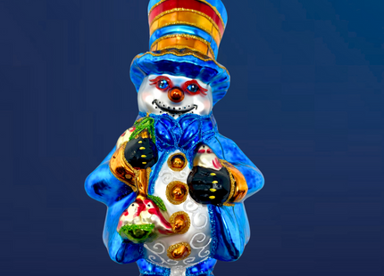 Blue Christmas Snowman Glass Ornament