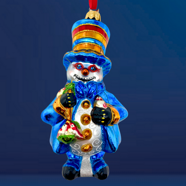 Blue Christmas Snowman Glass Ornament