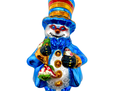 Blue Christmas Snowman Glass Ornament