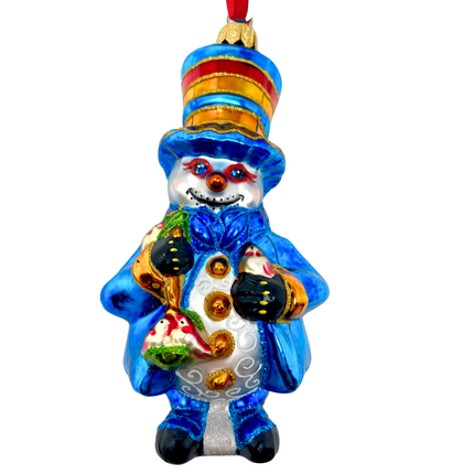 Blue Christmas Snowman Glass Ornament