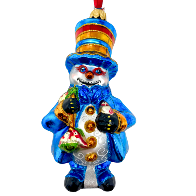 Blue Christmas Snowman Glass Ornament