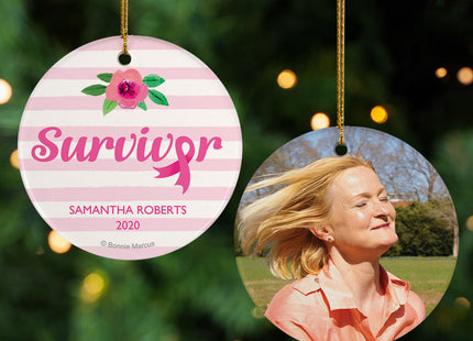 custom personalized breast cancer survivor pink stripes christmas ornament – Christmas ornament, holiday tree decoration or g