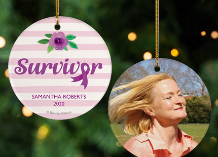 engraved personalized breast cancer survivor purple stripes christmas ornament – Christmas ornament, holiday tree decoration 