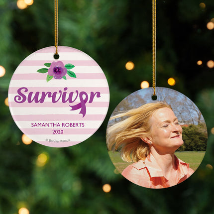 engraved personalized breast cancer survivor purple stripes christmas ornament – Christmas ornament, holiday tree decoration 