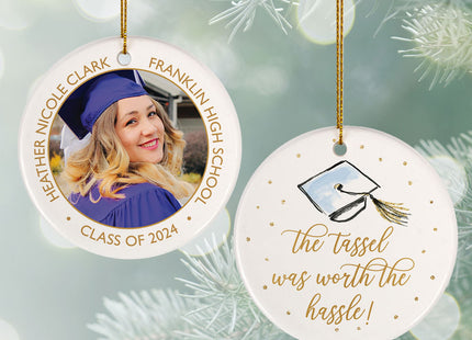 keepsake personalized 'the tassel was worth the hassle' graduation photo christmas ornament – Christmas ornament, holiday tre