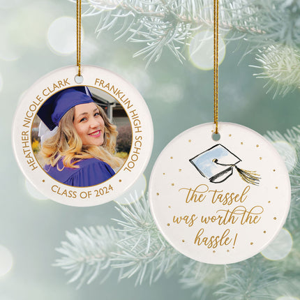 keepsake personalized 'the tassel was worth the hassle' graduation photo christmas ornament – Christmas ornament, holiday tre
