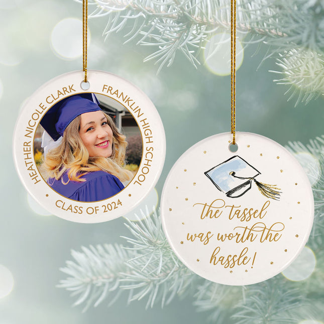 keepsake personalized 'the tassel was worth the hassle' graduation photo christmas ornament – Christmas ornament, holiday tre