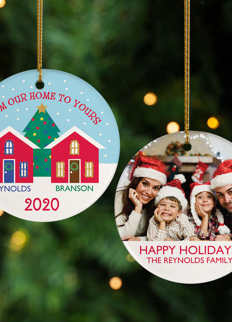 "From Our Home to Yours" Christmas Personalized Ceramic Round Photo Ornament - ORNAMENT EXCLUSIVE Personalized Ornament