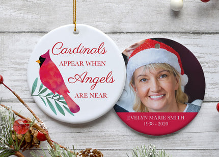 engraved personalized 'cardinals appear when angels are near' memorial photo christmas ornament – Christmas ornament, holiday
