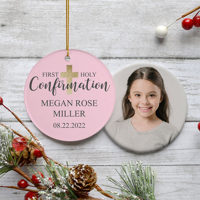 holiday personalized holy confirmation pink photo christmas ornament – Christmas ornament, holiday tree decoration or gift