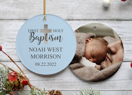 decorative personalized holy baptism blue photo christmas ornament – Christmas ornament, holiday tree decoration or gift