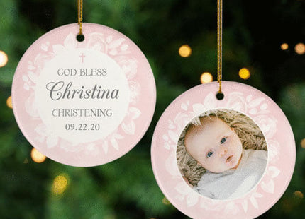 custom personalized christening pink photo christmas ornament – Christmas ornament, holiday tree decoration or gift