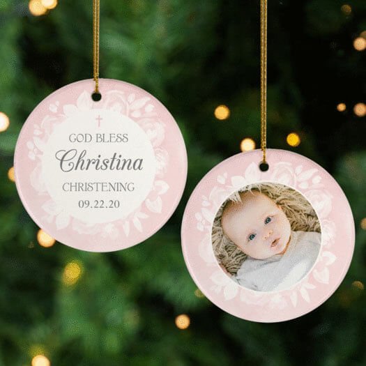 custom personalized christening pink photo christmas ornament – Christmas ornament, holiday tree decoration or gift