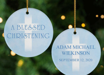 engraved personalized christening blue photo christmas ornament – Christmas ornament, holiday tree decoration or gift